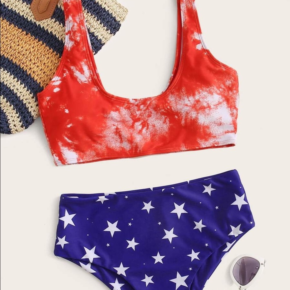 Tie Dye Red White and Blue Star Print Bikini Swim